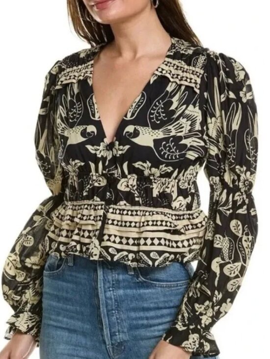 FARM Rio Tops - FARM Rio Black and Cream Puff Sleeve Peplum Blouse